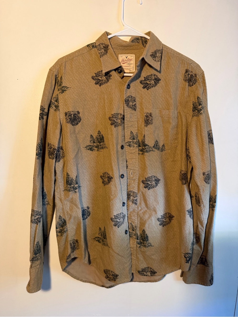 American Eagle Outfitters heritage Tan Button-Down Shirt with Black Nature Motif